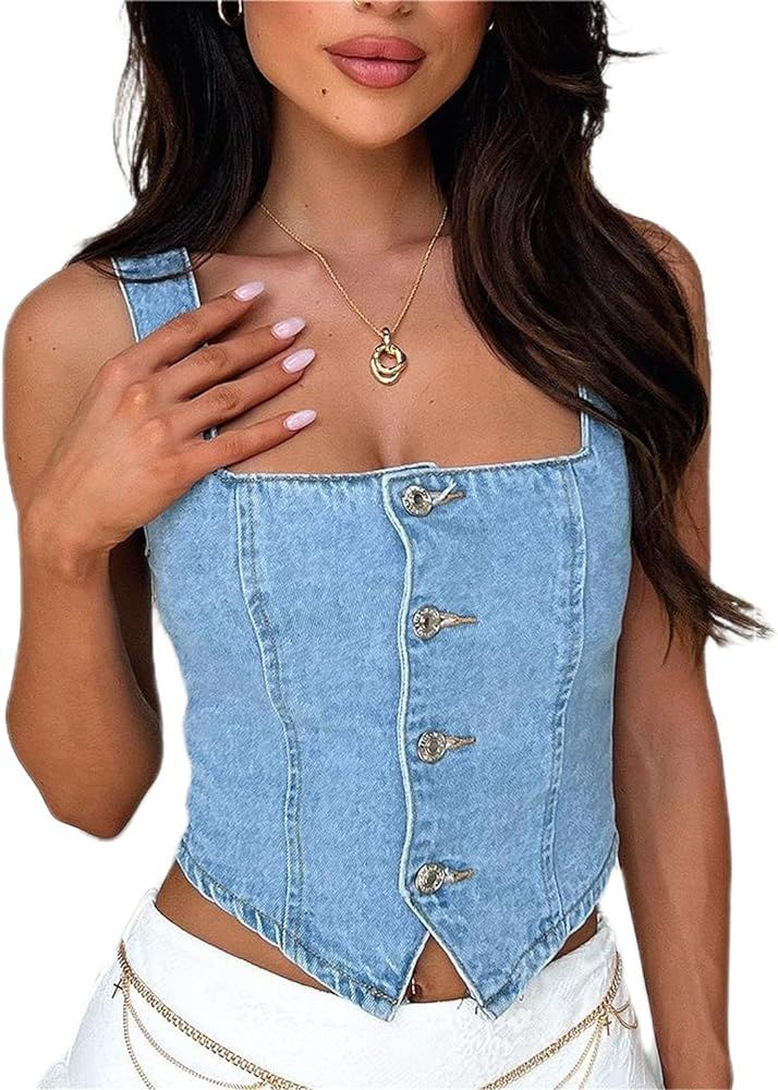 Women Sleeveless Button Down Denim Vest Deep V Neck Jean Tank Tops Y2k Sexy Going Out Solid Slim ... | Amazon (US)