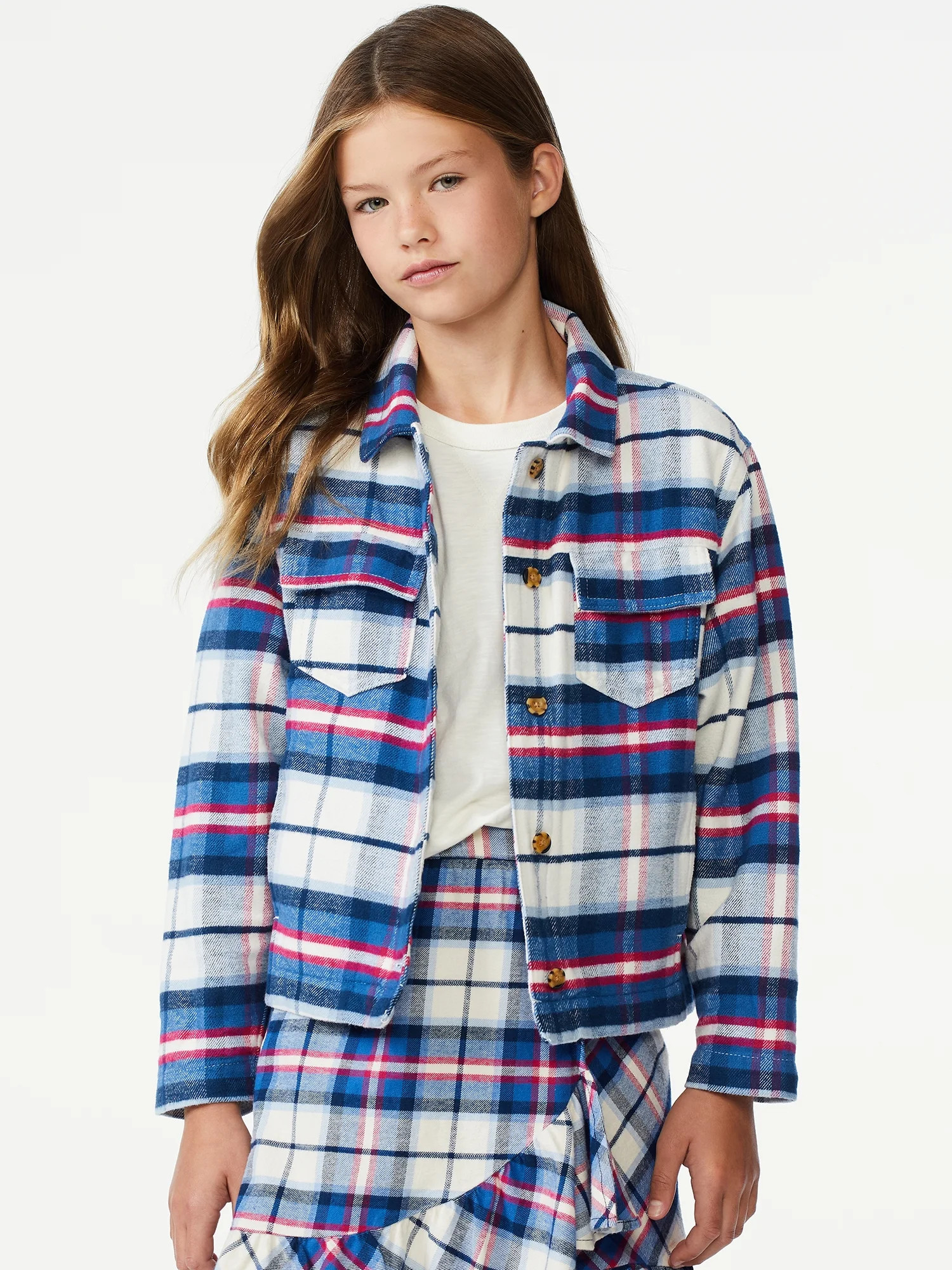 Free Assembly Girls Long Sleeve Oversized Flannel Shacket, Sizes 4-18 - Walmart.com | Walmart (US)
