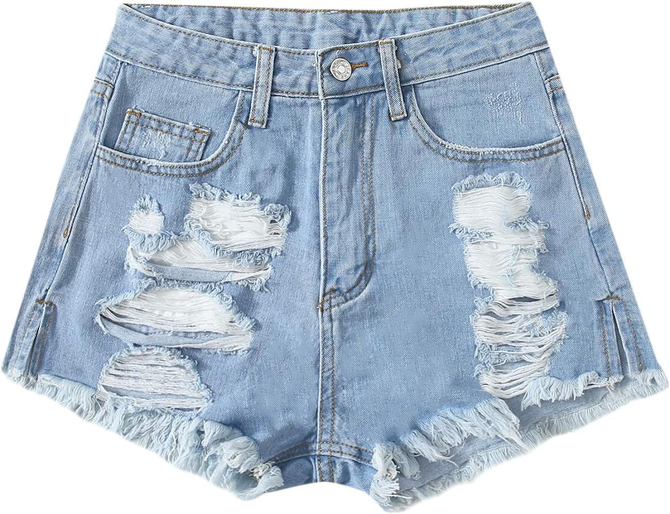 SweatyRocks Women's Summer Denim Shorts Frayed Raw Hem Jeans Shorts | Amazon (US)