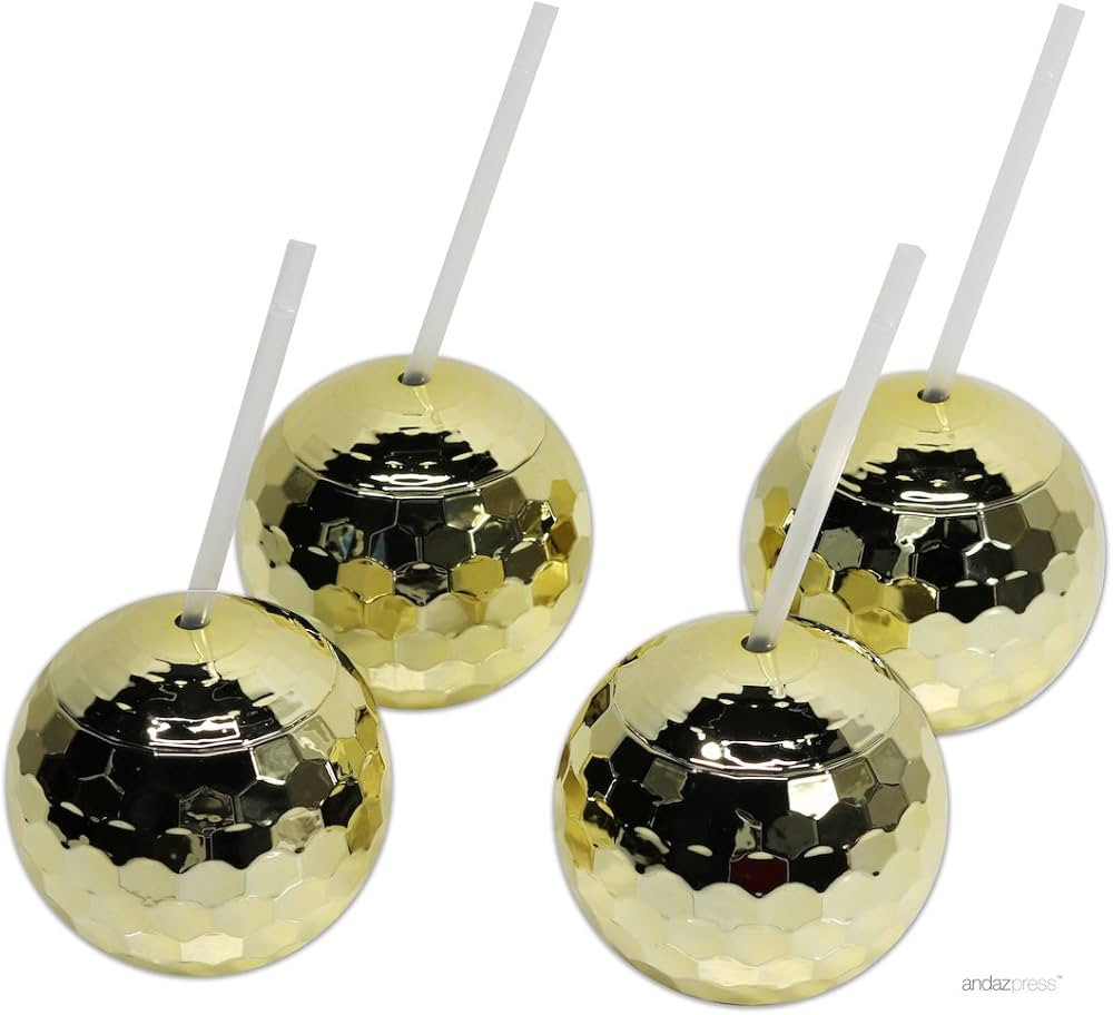 Andaz Press 1970s Disco Ball Cups 19 oz Drink Tumbler with Straw, Gold, 4-Pack, for Metallic Shin... | Amazon (US)