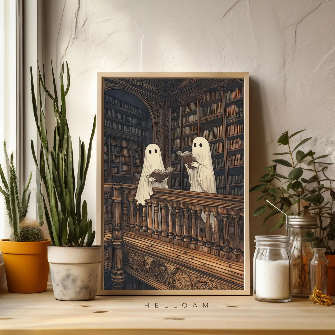 Two Cute Ghosts in a Library Print, Romantic Dark Academia, Moody Cottagecore Spooky Decor Vintag... | Etsy (US)