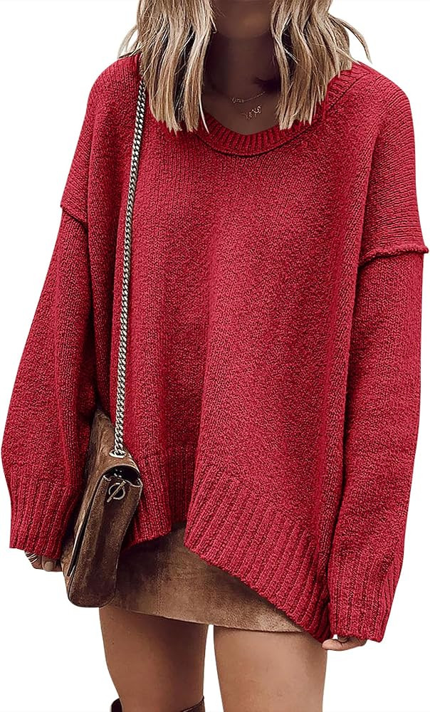 ANRABESS Women's Oversized Casual Loose Slouchy Scoop V Neck Batwing Long Sleeve Knit 2025 Fall P... | Amazon (US)