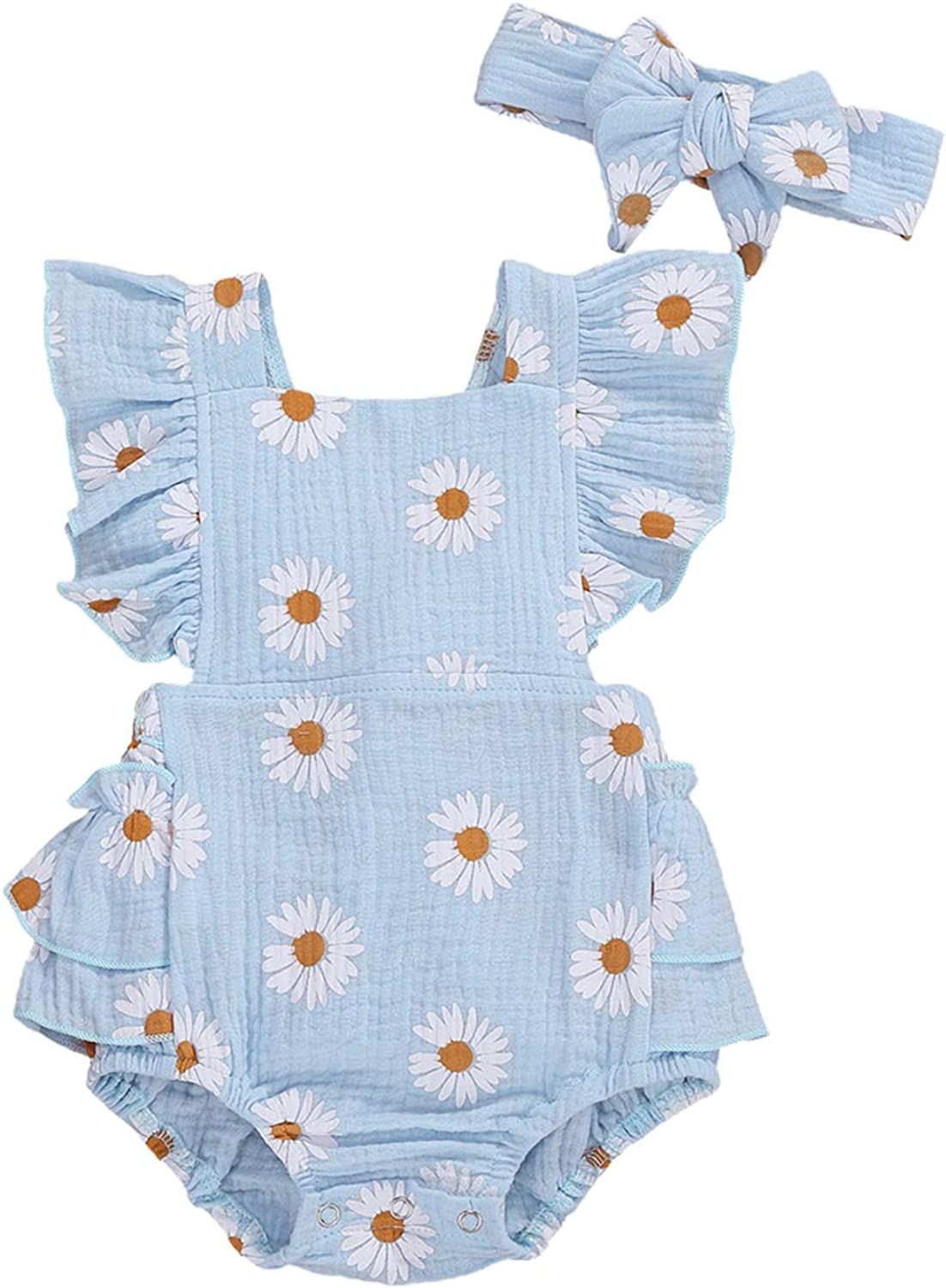 Baby Girls Daisy Playsuits Ruffled Bodysuit+Headband Print Fly Sleeve Romper Floral Jumpsuit Infa... | Amazon (US)