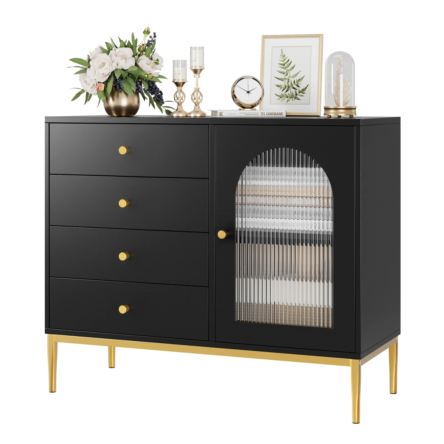 Homfa 4 Drawer Storage Cabinet, Modern Wooden Cupboard with Frosted Glass for Living Room, Black ... | Walmart (US)