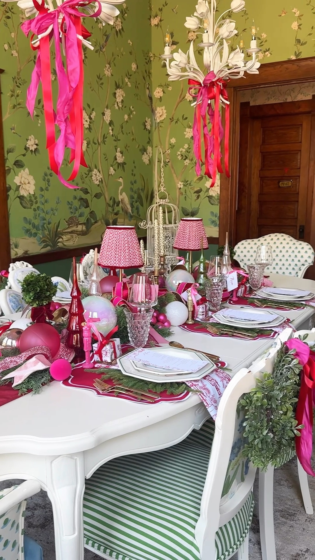 Pink Christmas decor for a dining room. Pink holiday decor. Create this look with similar items below. Wallpaper is Daisy Bennett Designs (not on LTK)

#LTKHoliday #LTKHome #LTKSeasonal
