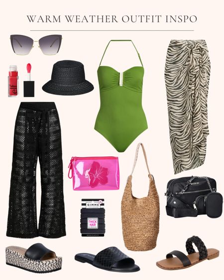 Women’s warm weather outfit inspo. Spring break outfit ideas. Over 40 outfit. Midsize outfit. Green one piece swimsuit. Zebra stripe coverup. Black sandals. Elf lip oil. Extra strong pony tail holders. Plastic storage pouch. Crochet coverup pants. Raffia tote bag. Black straw bucket hat. Camera crossbody bag. Sunglasses  

#LTKfindsunder50 #LTKover40 #LTKSeasonal
