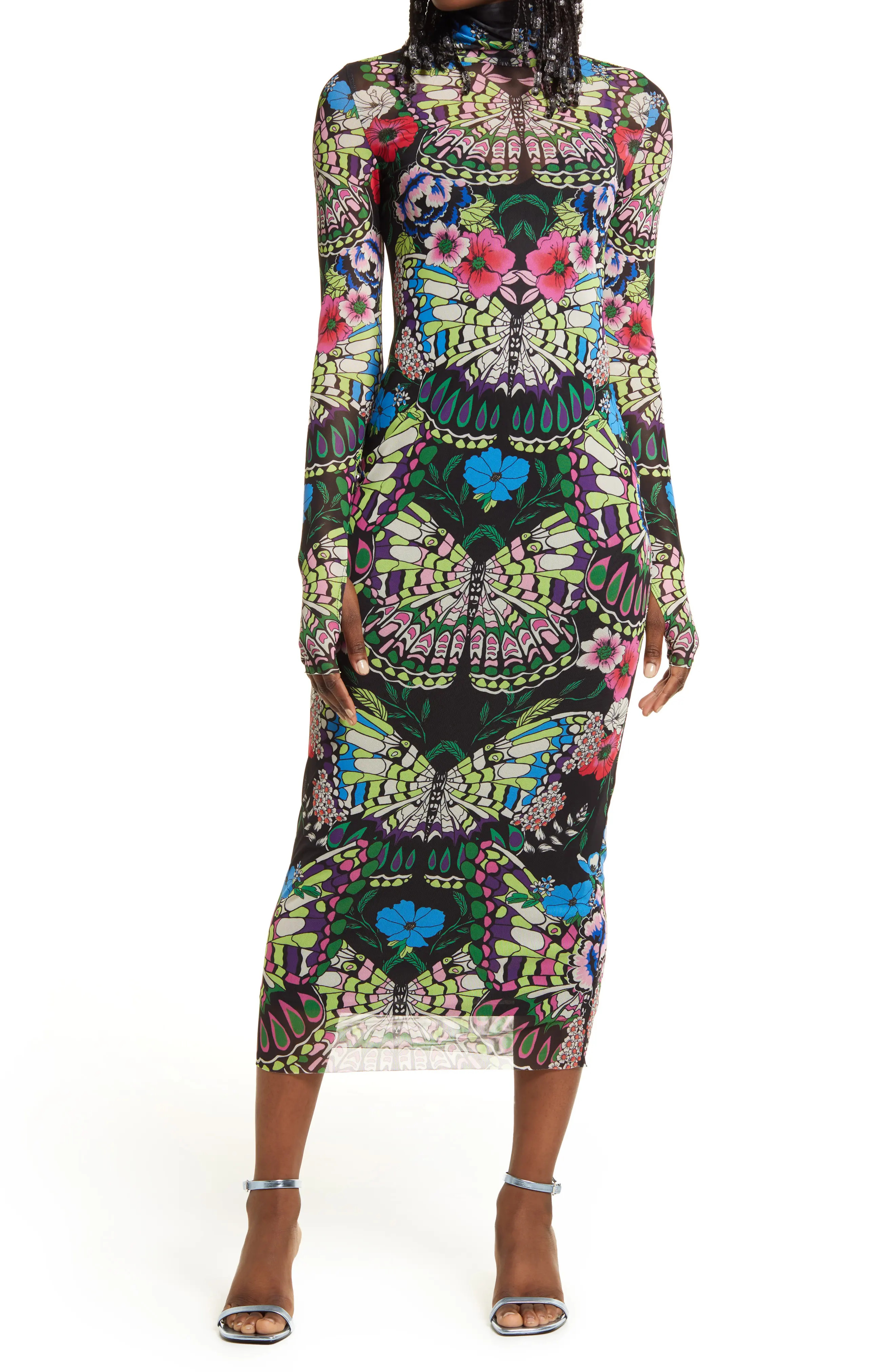 AFRM Shailene Mesh Long Sleeve Midi Dress in Placement Butterfly at Nordstrom, Size Small | Nordstrom