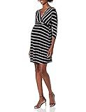 Three Seasons Maternity Women's Maternity 3/4 Sleeve Surplice Belted Stripe Dress, Black/Mocha, X-La | Amazon (US)