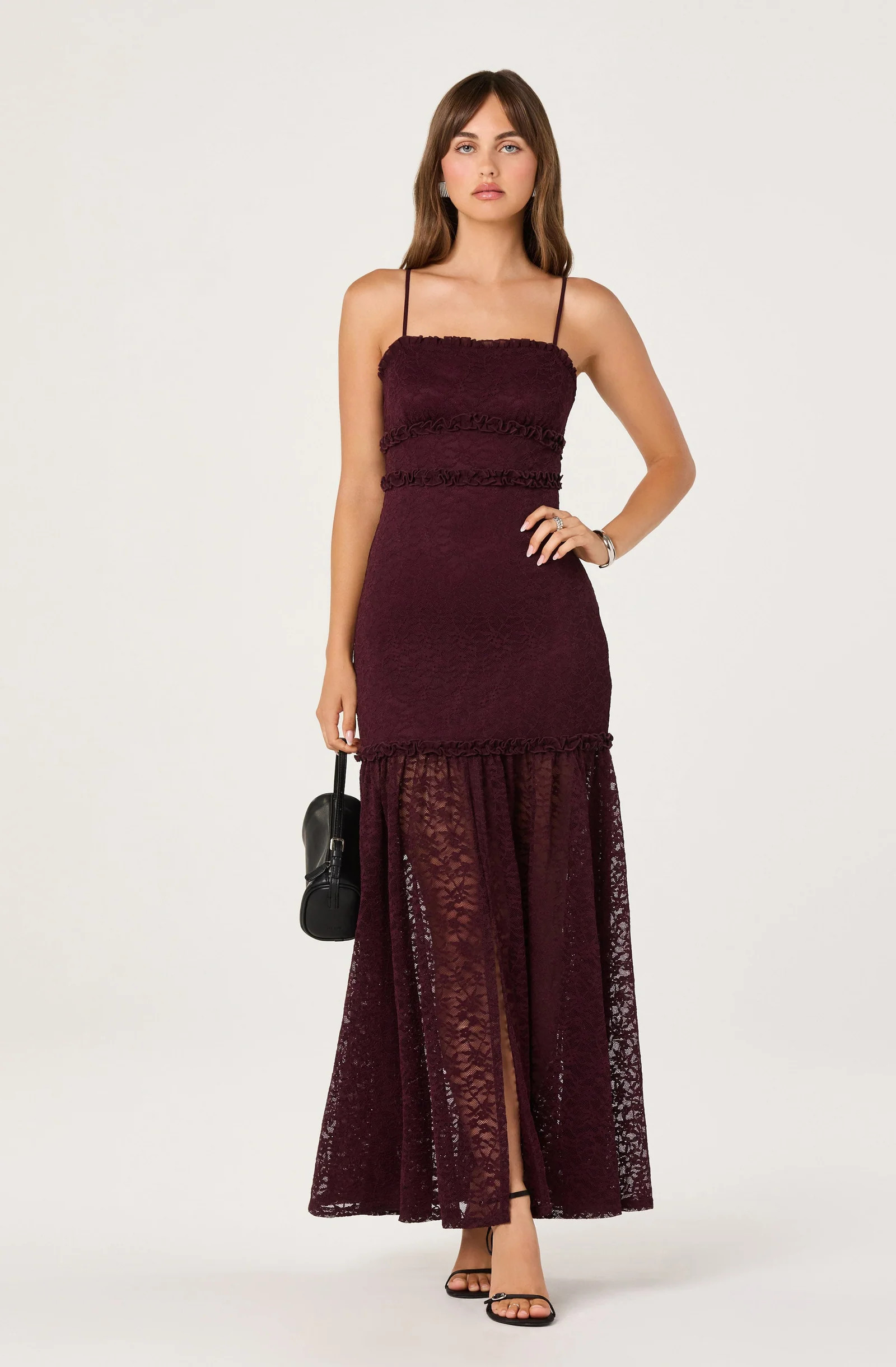 Ruffle Detail Lace Maxi Dress - Deep plum / S | ASTR The Label (US)