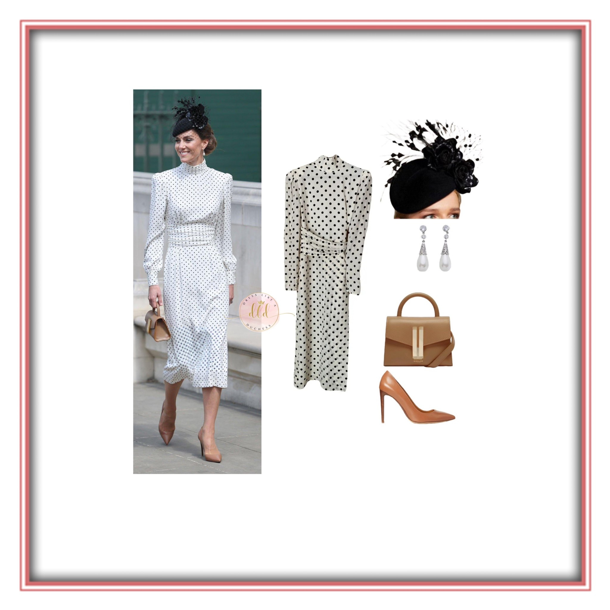 Kate Middleton attending the Service of Thanksgiving for VE Day (5/8/25) at Westminster Abbey wearing her Alessandra Rich custom polka white midi dress with her DeMellier Nano bag 