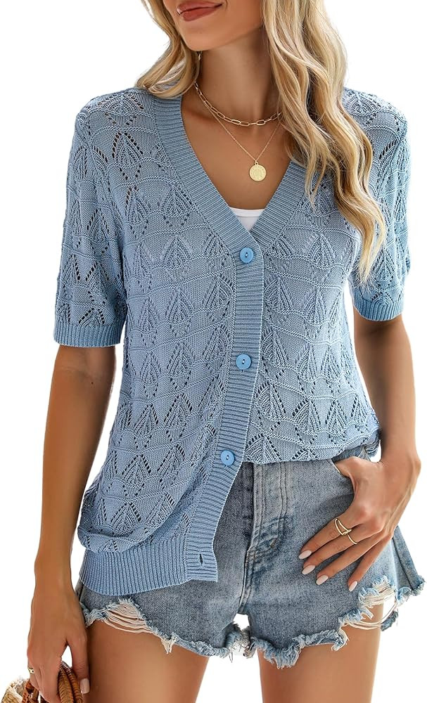 Zeagoo Women's Short Sleeve 2024 Summer Crochet Cropped Cardigan V Neck Button up Bolero Shrug Sw... | Amazon (US)
