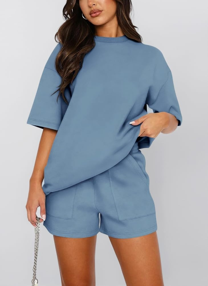 REORIA Women's Tracksuit Short Sleeve Crew Neck Plain Two Piece Leisure Suit Loungewear Outfit Jo... | Amazon (UK)