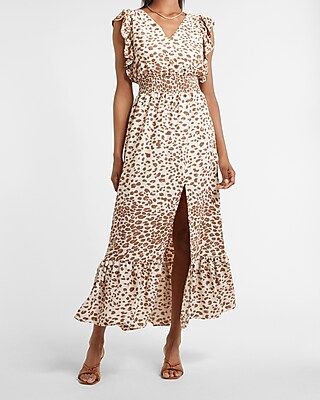 Leopard Ruffle Sleeve Smocked Waist Maxi Dress | Express