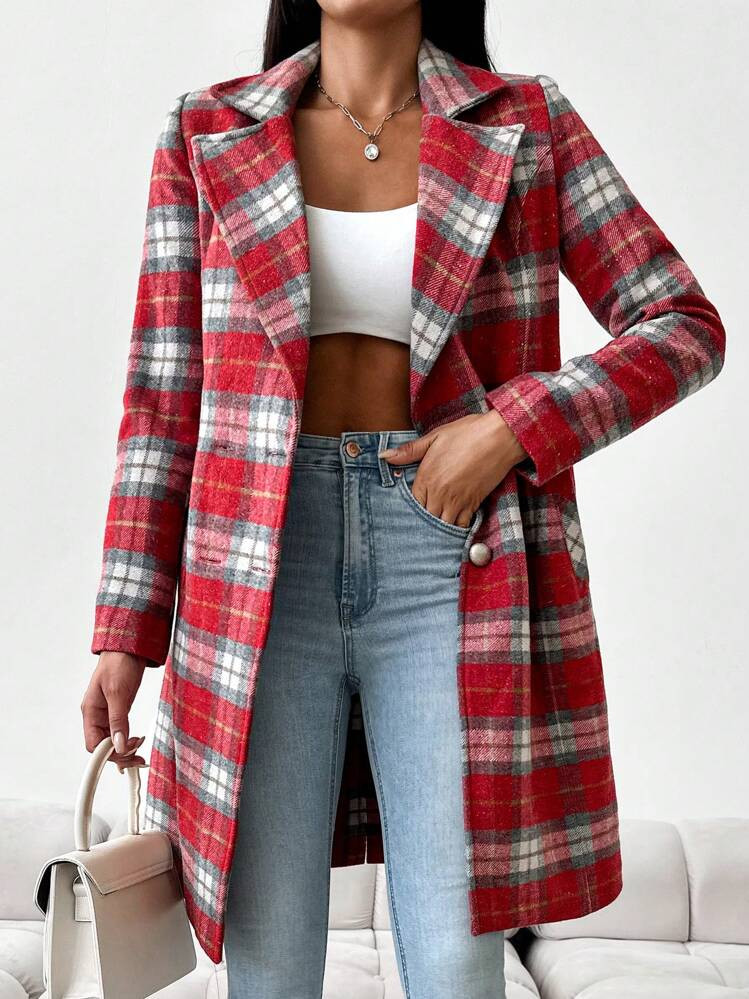 SHEIN Plaid Print Lapel Neck Overcoat | SHEIN