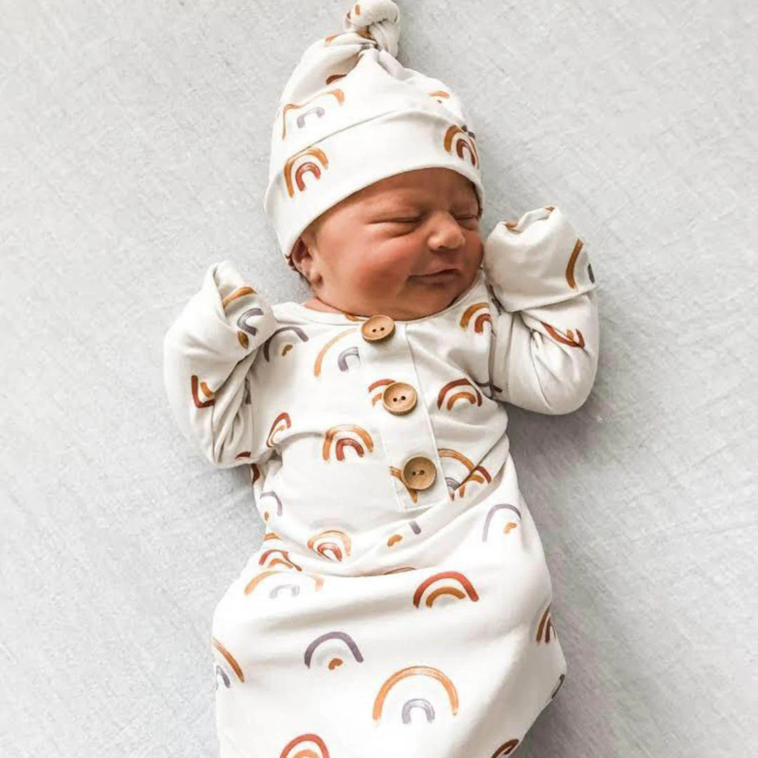 Cannon's Earthy Rainbow Newborn Baby Knot Gown & Hat | Caden Lane