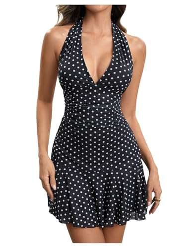 Women's Polka Dots Ruched Backless Halter Mini Dress Deep V Neck Ruffle Hem Short Tank Dresses Black X-Large | Amazon (US)