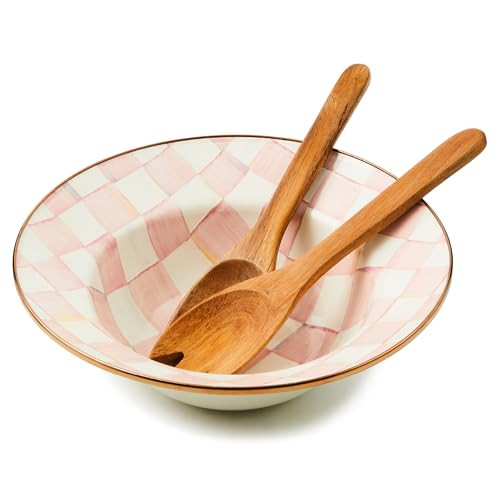 MACKENZIE-CHILDS Enamel Salad Serving Set, Enamel Bowl and Wooden Salad Servers, Decorative Kitchen Set, Pink-and-White Rosy Check | Amazon (US)
