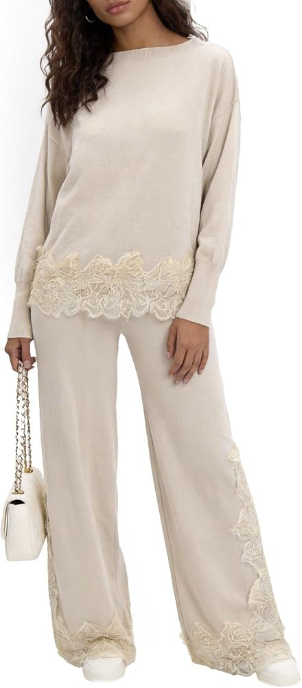LEO'S VASE Lace Trim Long Sleeve knit Set Travel Sets For Women 2 Piece | Amazon (US)