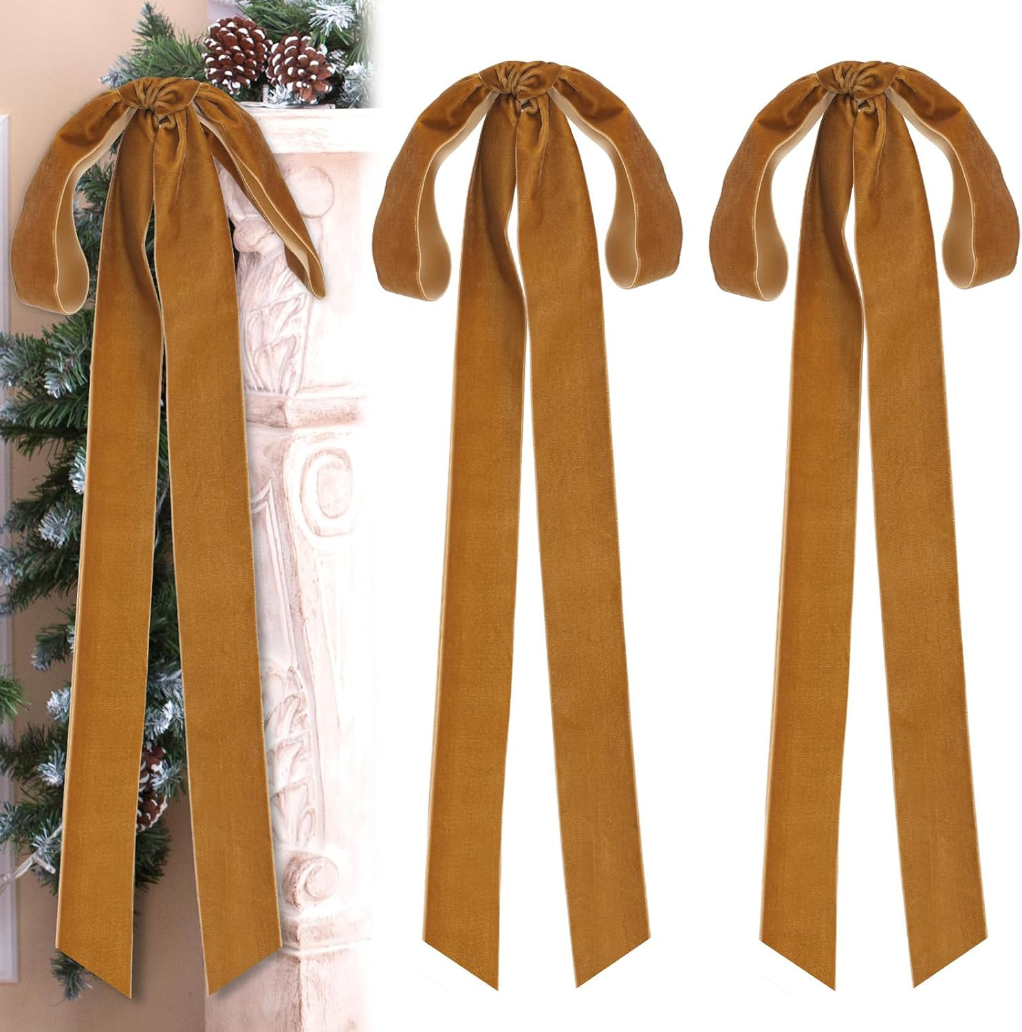 2 PcsLarge Khaki Velvet Christmas Staircase Wreath Bows | Amazon (US)