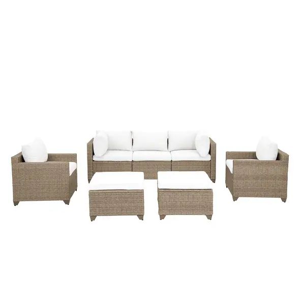 Maui 7-Piece Outdoor Conversation Set including Two Ottomans in Natural Aged Wicker - Linen White | Bed Bath & Beyond