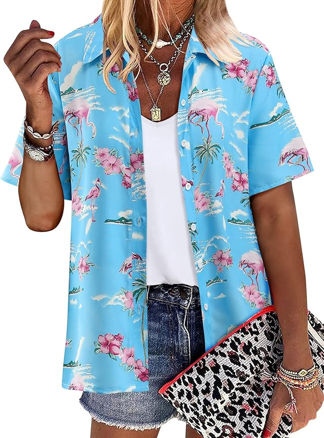 ZXZY Women Summer Hawaii Shirts Soft Cool Floral Tropic Print Short Sleeve Button Up Tops T-Shirt | Amazon (US)