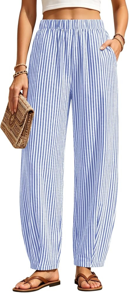 LOMON Women Summer Barrel Harem Pants Baggy Tapered Leg Plaid Gingham Striped Trousers Bottoms wi... | Amazon (US)
