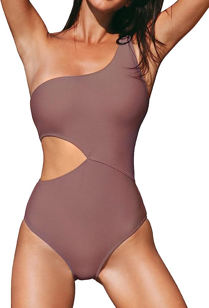 CUPSHE Women's One Piece Swimsuit One Shoulder Cut Out Ribbed Swimwear Bathing Suits | Amazon (US)