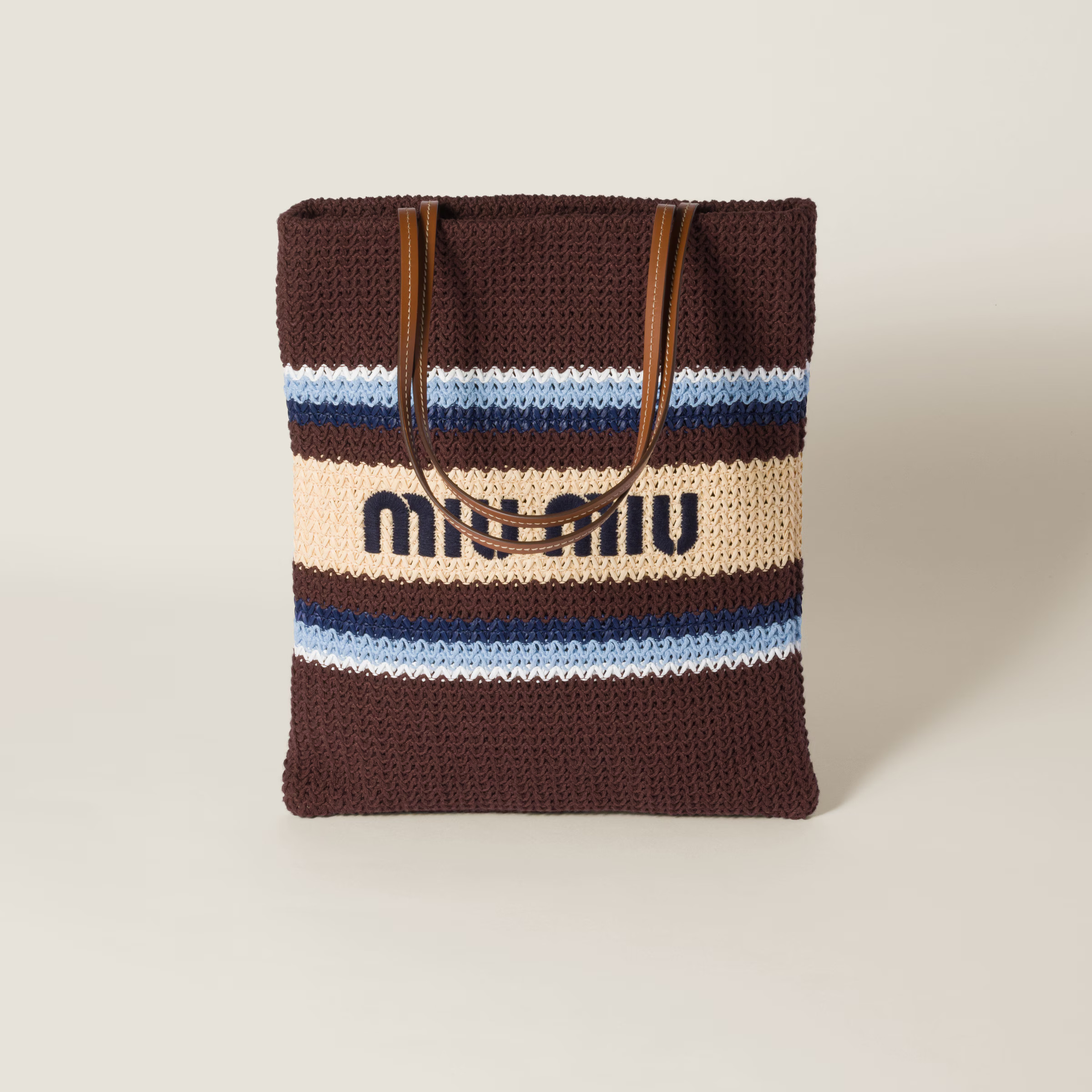 Cocoa Brown/celeste/natural Raffia-effect Woven Tote Bag | Miu Miu | Miu Miu UK