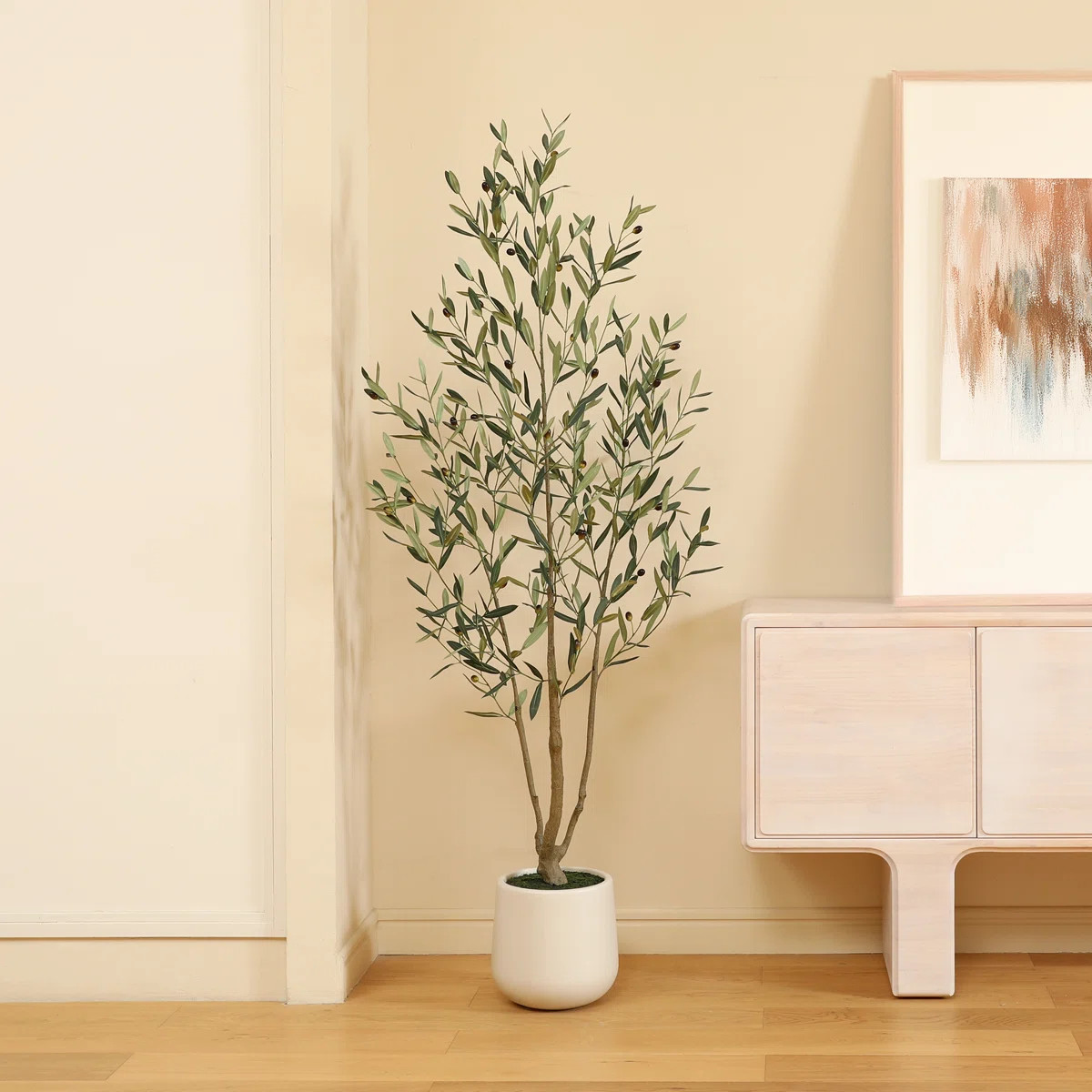 Adcock 72" Faux Olive Tree with Round White Planter, Pre Potted Fake Greenry Olive Plant for Home... | Wayfair North America