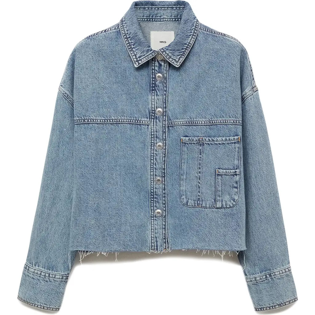 MANGO Frayed Hem Denim Overshirt in Medium Blue at Nordstrom, Size 10 | Nordstrom