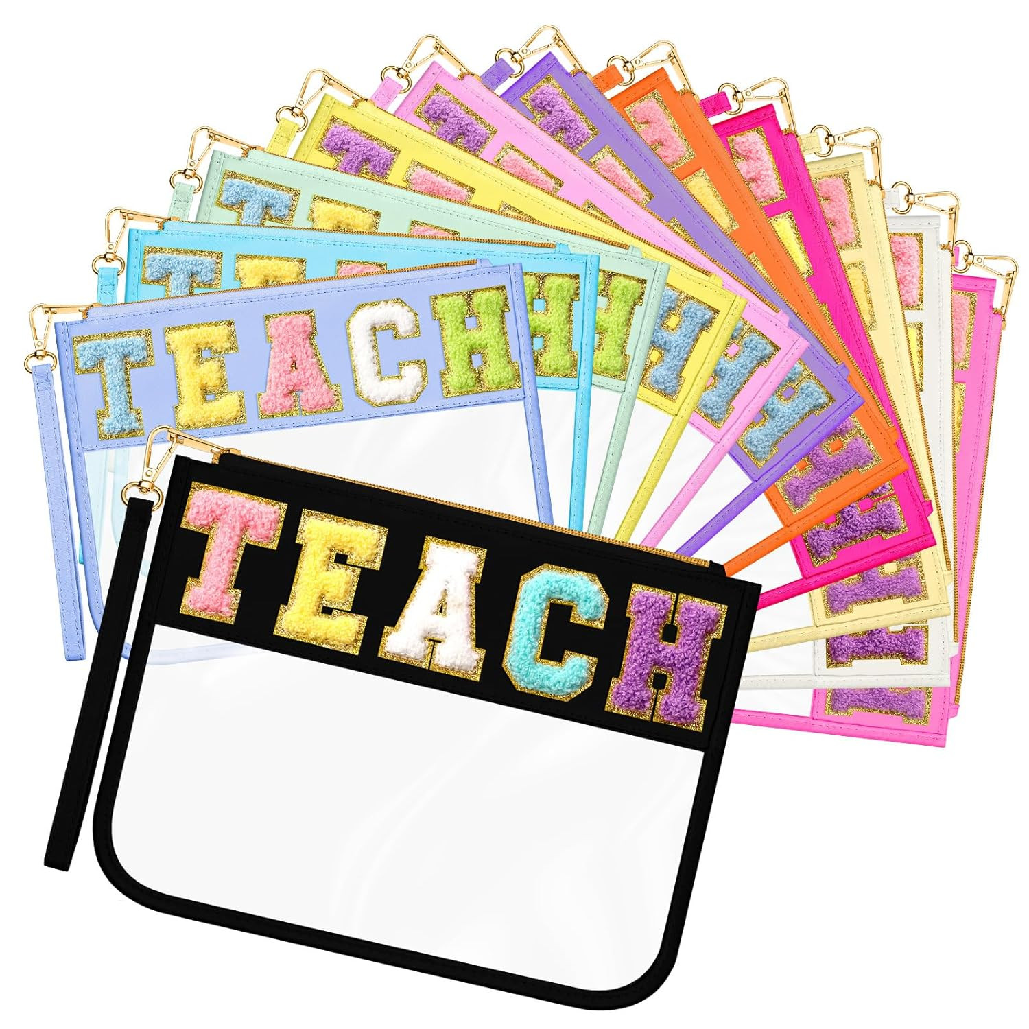 Abbylike 12 Pcs Chenille Letter Bag Snacks Pouch Clear Travel Makeup Bag with Wrist Strap Zipper ... | Amazon (US)