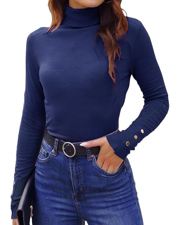 Hyipels Women's Turtleneck Sweater Long Sleeve Fitted Lightweight Soft Knit Pullover with Metal B... | Amazon (US)