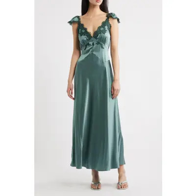 DÔEN Fiona Lace Trim Silk Blend Maxi Dress in Tangerine at Nordstrom, Size X-Large | Nordstrom