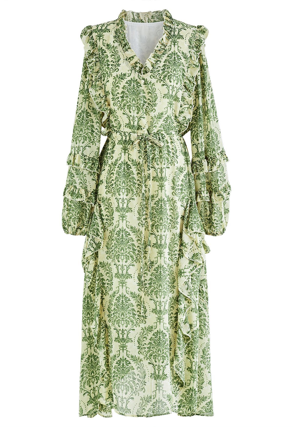 Elegant Floral Ruffle Trim Tie Waist Chiffon Dress in Green | Chicwish