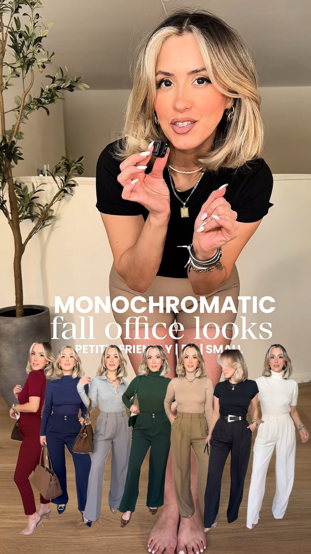 Monochromatic FALL OFFICE looks featuring the BEST AMAZON TROUSERS 👏🏼😮‍💨👌🏼‼️

✔️Small on all tops 
✔️ black, ivory, tan, and grey wide leg trousers are all the SAME style except different colors. I wear THAT style in a SMALL LONG THIN ‼️
✔️ small on all other trousers

I've owned all of these trousers for literal years! They all have great stretch all the wide leg trousers have elastic in the back with functional pockets. Very nice quality. 

The lighter color trousers may be a bit see-through at times hence why I wear the nude boy shorts. 

#LTKStyleTip #LTKFindsUnder50 #LTKWorkwear