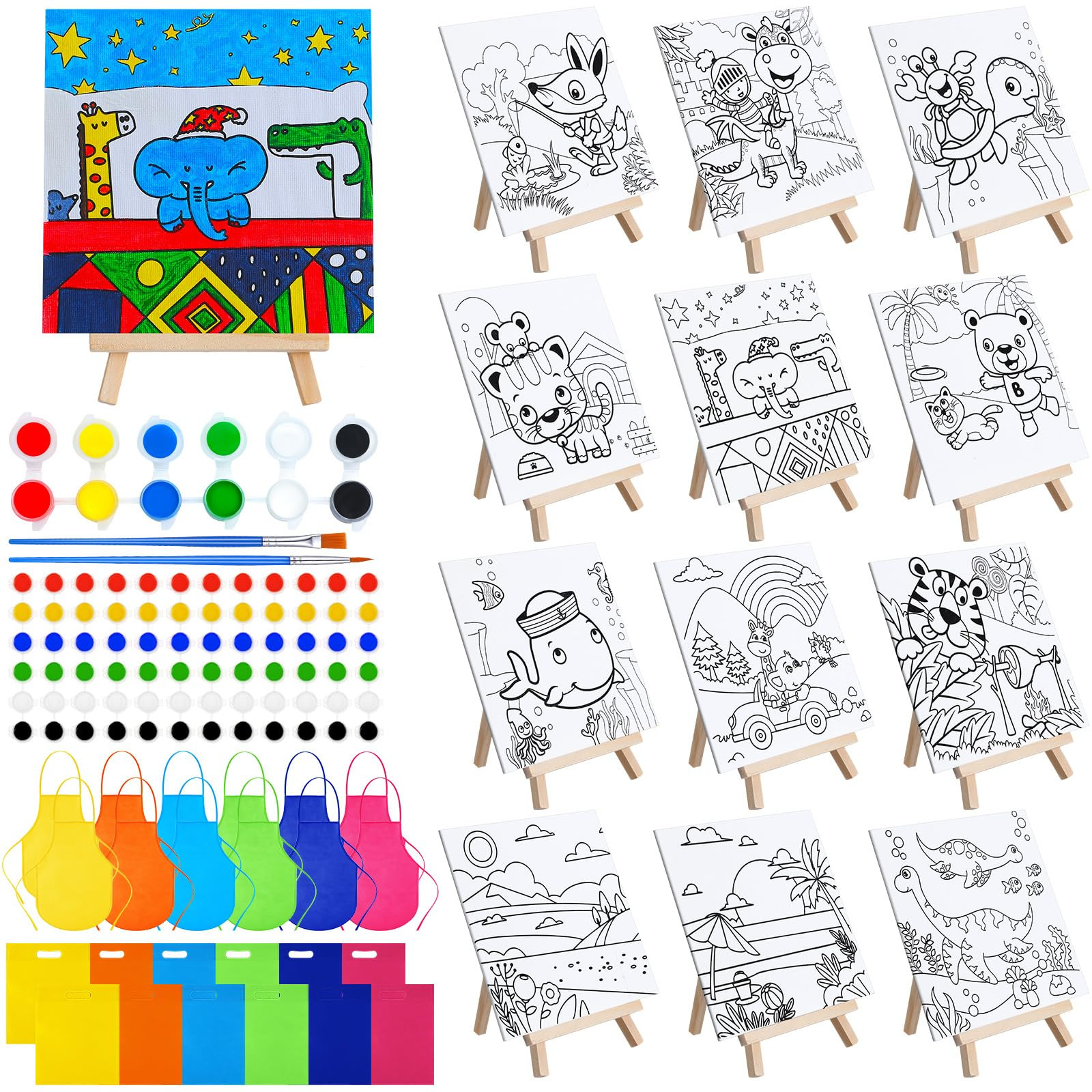 Tenceur 48 Pcs Kids Paint Party Favors Sets with 12 Pcs Animals Pre Drawn Canvas Panel and Wooden... | Amazon (US)