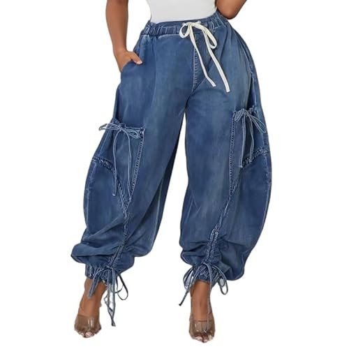 Women's Fashion Baggy Cargo Jeans,Drawstring High Waist Loose Harem with Pockets Retro Bow Cargo Jean Blue | Amazon (US)