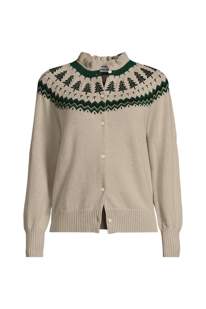 Women's Plus Size Drifter Lurex Ruffle Neck Jacquard Cardigan Sweater - Lands' End - Ivory - 3X | Lands' End (US)