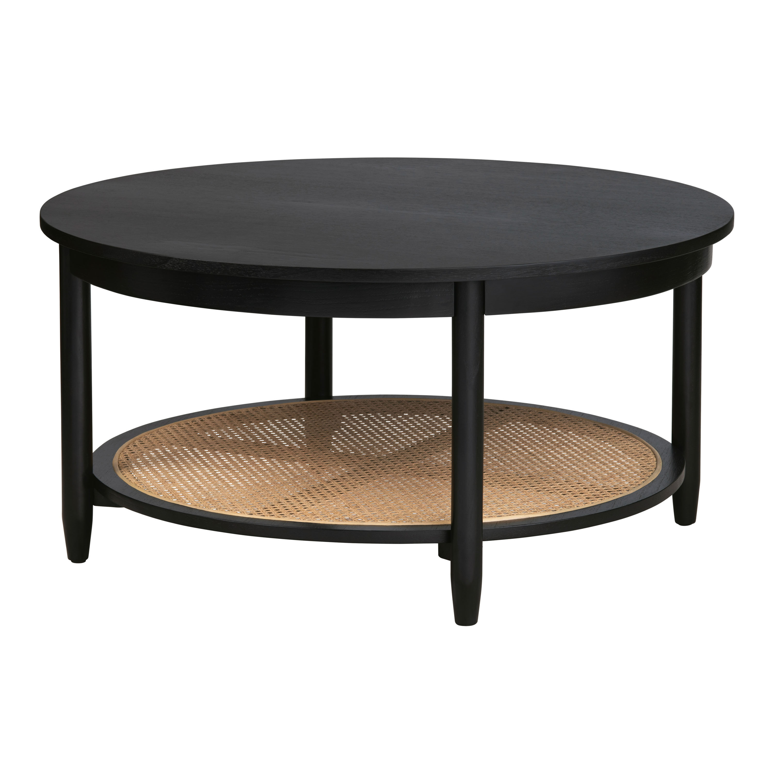 Connaught Round Black Wood and Rattan Coffee Table with Shelf | World Market