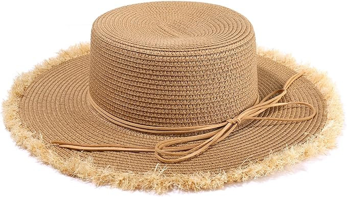 Sun Straw Hats for Women Wide Brim Beach Hats Bow Knot Fringed Summer Fedora Hats Beach Vacation ... | Amazon (US)