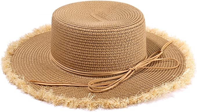 Sun Straw Hats for Women Wide Brim Beach Hats Bow Knot Fringed Summer Fedora Hats Beach Vacation ... | Amazon (US)