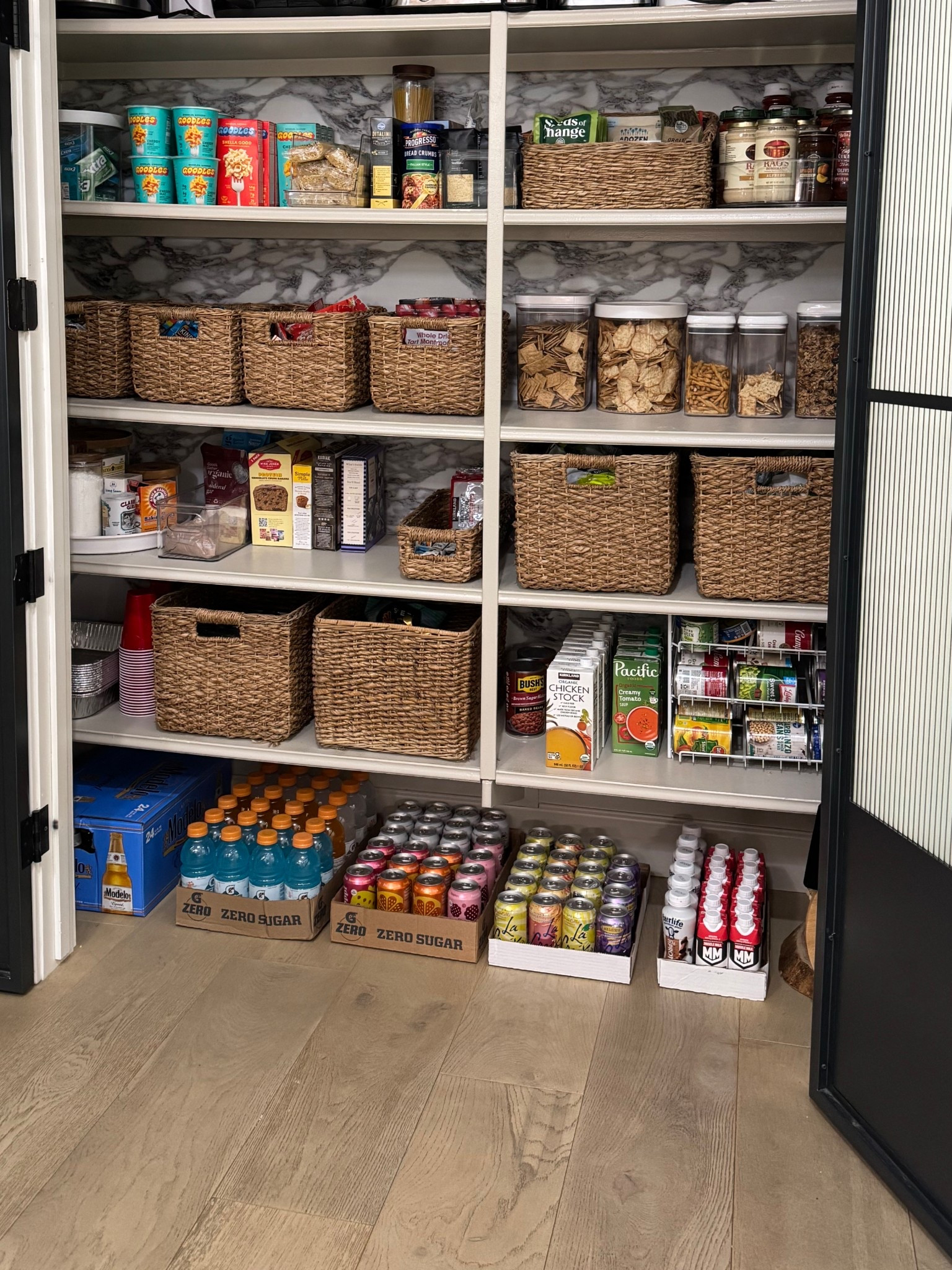 Pantry organization details… linked the baskets I use for all of our snacks & a few other organizers. I installed marble wallpaper a few years ago but I’m ready to switch up the look in here. On the hunt for a patterned peel and stick . 

#LTKmomlife #LTKfoodie #LTKHome