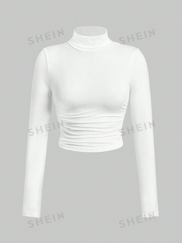 SHEIN EZwear White Mock Neck Ruched Crop Tee | SHEIN
