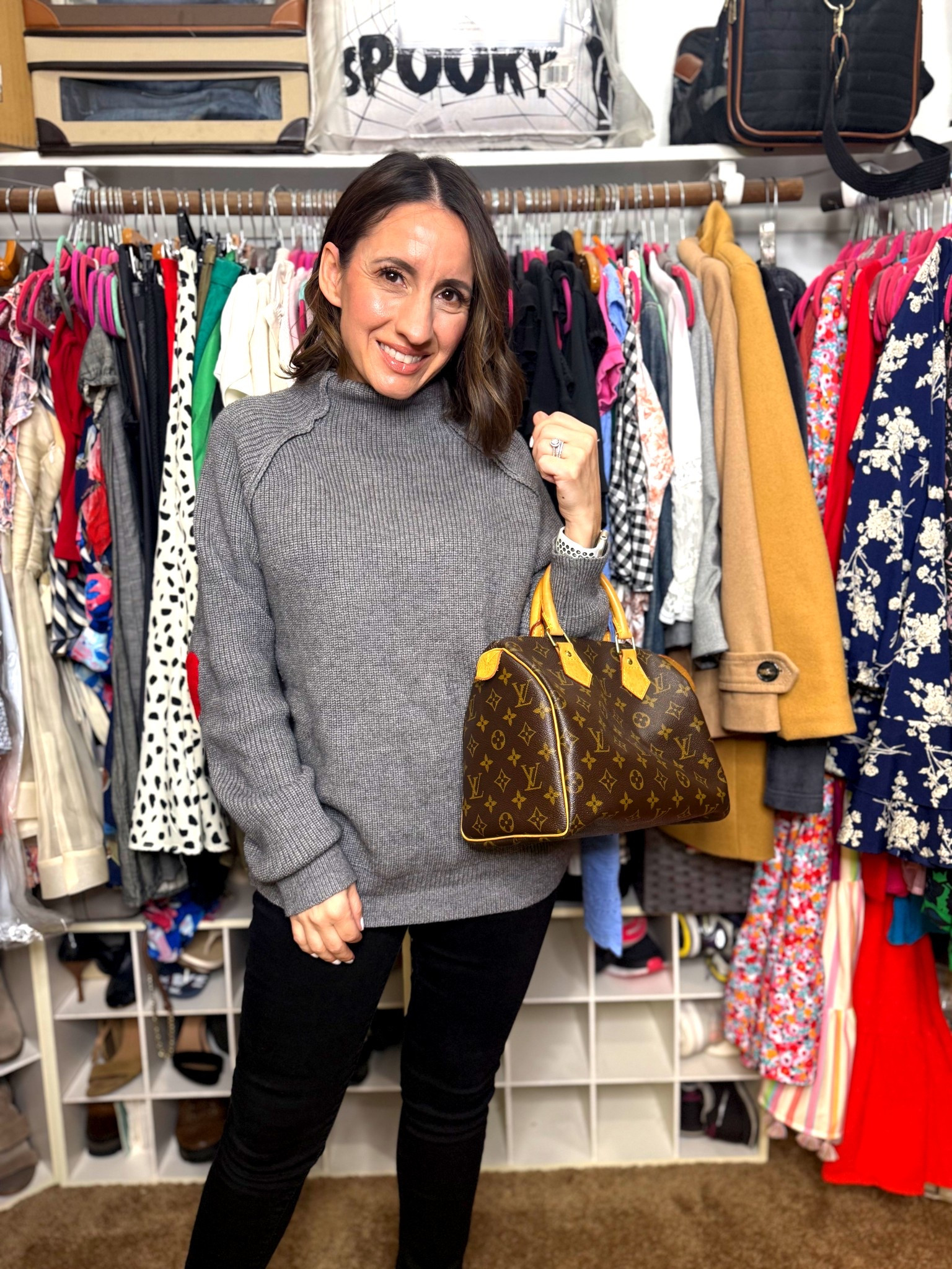 Grey sweater with the cutest heart patch elbow detail. Runs big. Size down. 
Levi’s black jeans. Very comfortable. If you’re 5’0 they will need to be hemmed. 
Brown classic LV bag is a favorite. Here’s a few brown leather handbags I really like  

#LTKFindsUnder100 #LTKPetite #LTKFindsUnder50