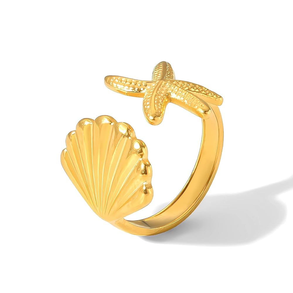 Gold Seashell Ring for Women Gold Plated Trendy Starfish Open Ring Summer Beach Jewelry | Amazon (US)