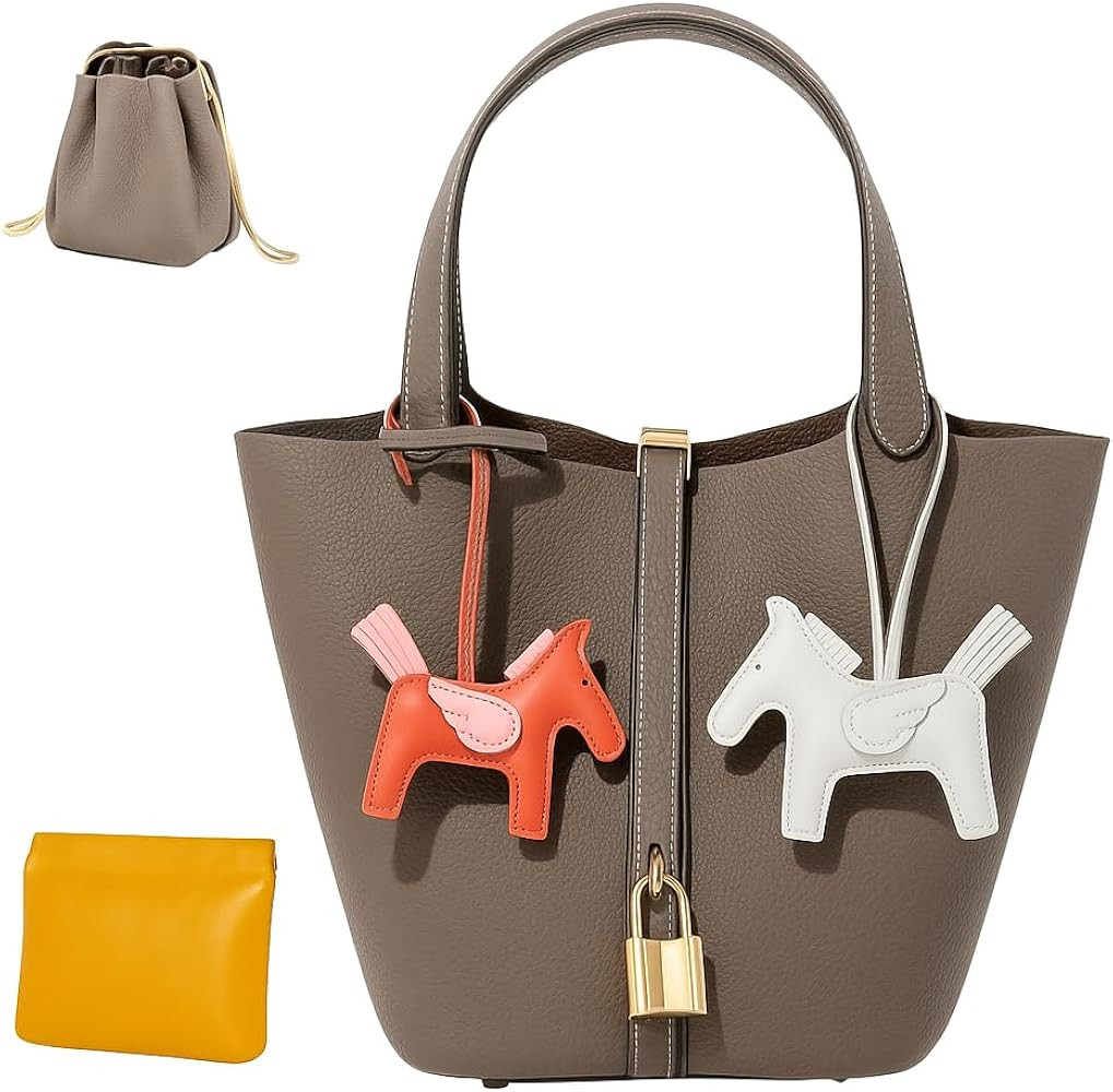 Genuine Leather Bucket Bag with Lock Closure, Vegetable Basket, Stylish and Versatile Shoulder ba... | Amazon (US)