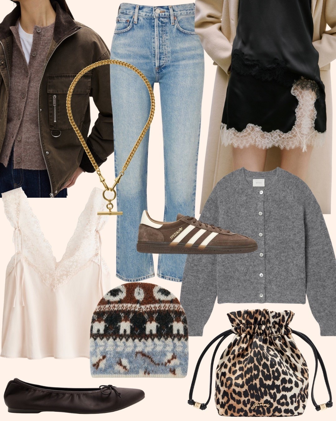 This week’s Douceur Loves ❤️

Utility Jacket, 
Knit Beanie, 
Lace Top,
Brown Trainers,
Satin Lace Skirt, 
Leopard Print Pouch,
Knitted Cardigan, 
Satin Ballet Flats, 
T-bar Chain Necklace, 
90s High-Rise Straight Jeans  

#LTKwinter #LTKuk #LTKeurope