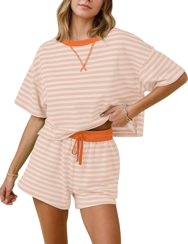 MISSACTIVER Womens Lounge 2 Piece Sets Summer Striped Matching Pajamas Set Short Sleeve Oversized... | Amazon (US)