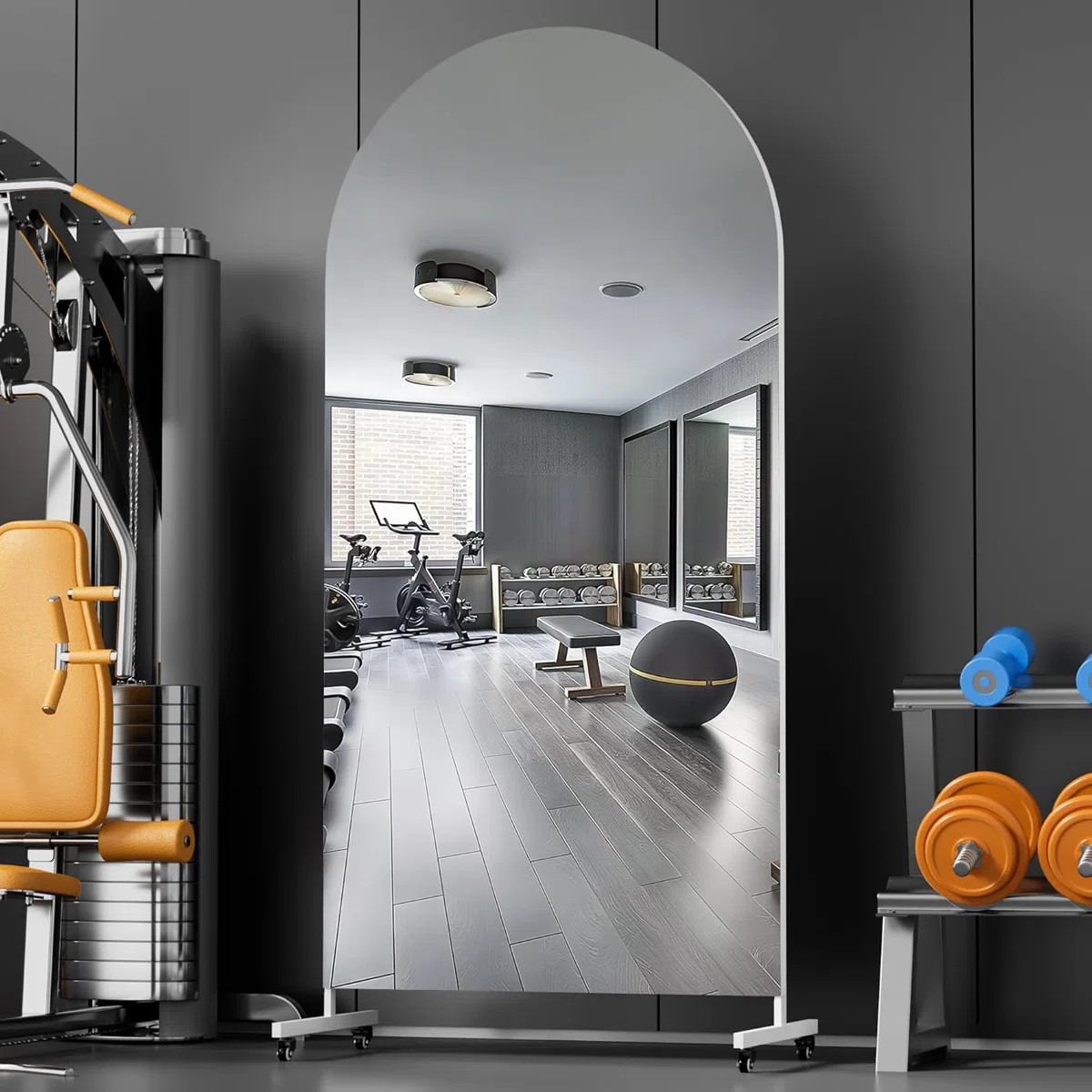 Home Gym Arched Mirror 360° Swivel on Wheels,Extra Large Full Body Rolling Mirror, Tempered Glas... | Wayfair North America