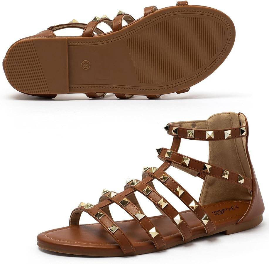 katliu Women's Gladiator Sandal Flat Strap Sandals Two Ankle Buckle | Amazon (US)